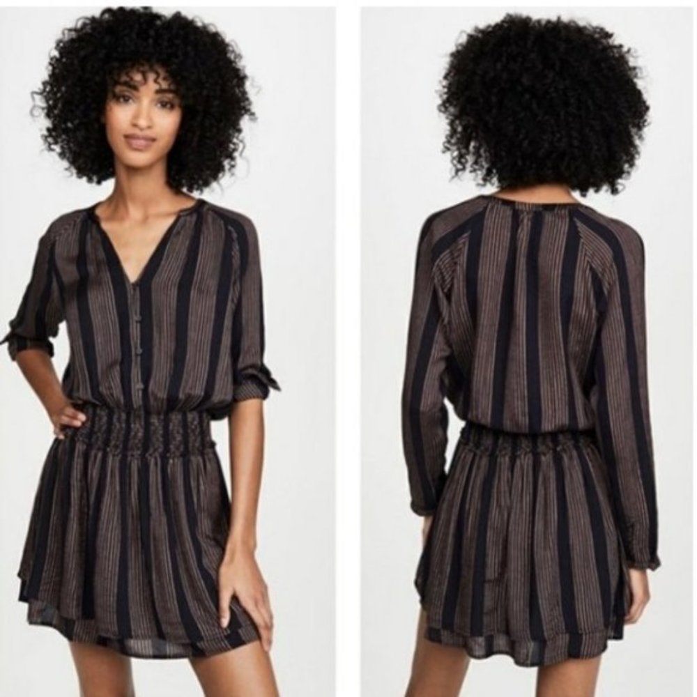 Rails Black and Tan Striped Button-Front Smocked Waist Dress